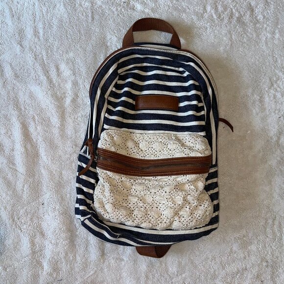 American Eagle Striped Backpack Navy White Brown Lace - Picture 2 of 10